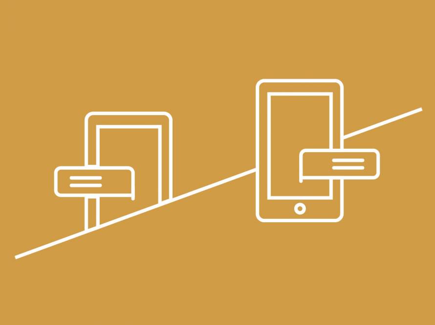 Illustration showing two mobile phones with speech bubbles to represent telephone counselling communication.