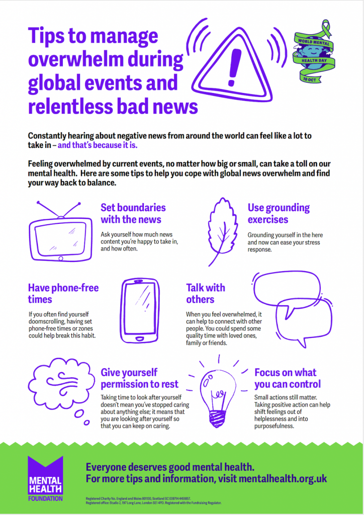 Mental Health Foundation tip sheet on managing overwhelm during global events and bad news.