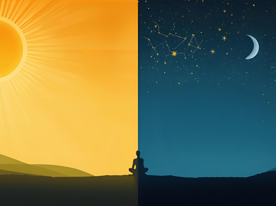 Silhouette of a person between sunlight and night sky, representing the body’s circadian rhythm and balance between light and dark.