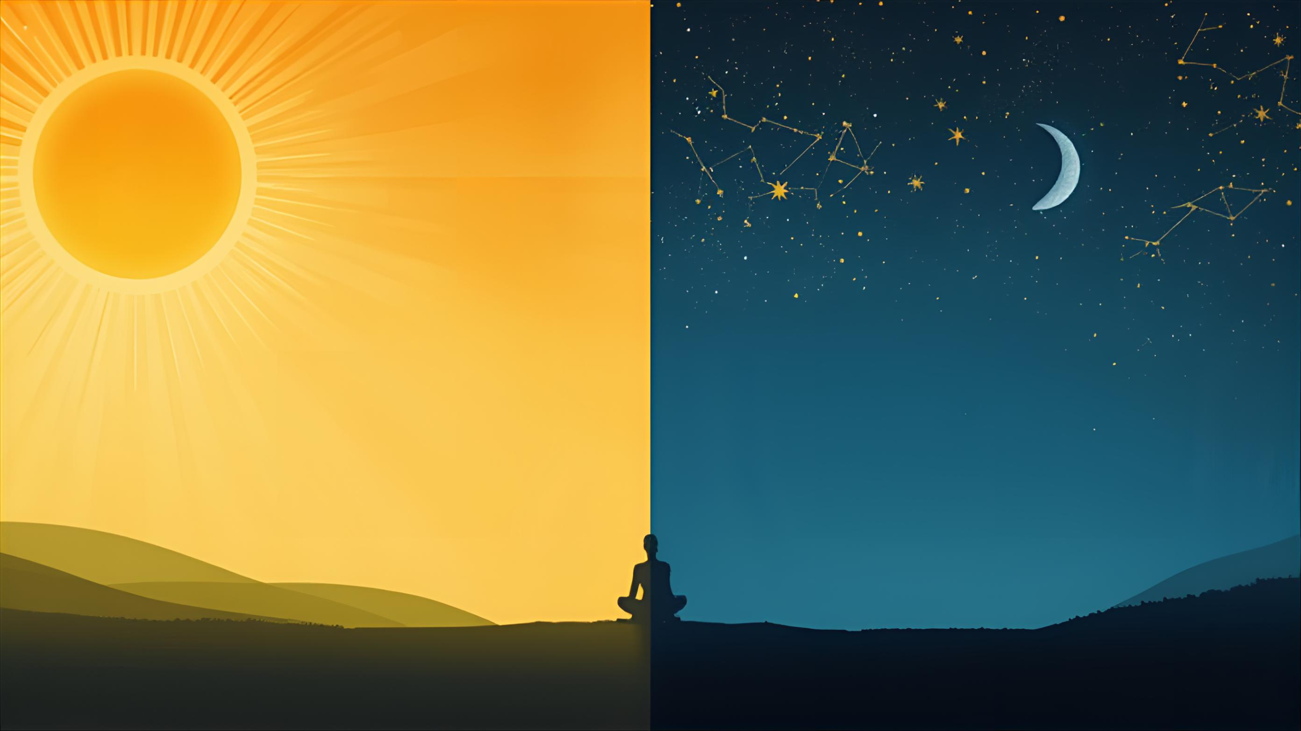 Silhouette of a person between sunlight and night sky, representing the body’s circadian rhythm and balance between light and dark.