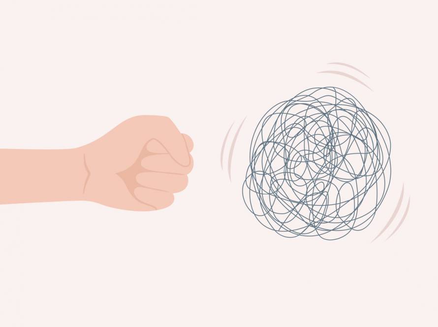 An illustration of a clenched hand striking a tangled ball of string, symbolising anger and inner tension in the fight response.
