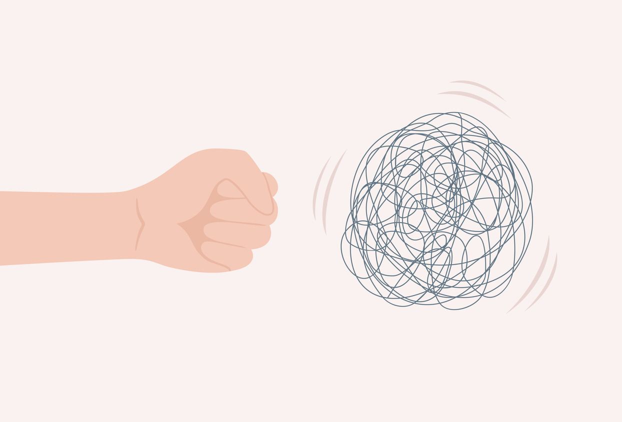 An illustration of a clenched hand striking a tangled ball of string, symbolising anger and inner tension in the fight response.