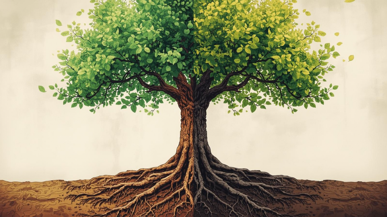 Illustration of a tree in full leaf with its roots visible underground, symbolising self-worth as the roots and self-esteem as the growing branches.
