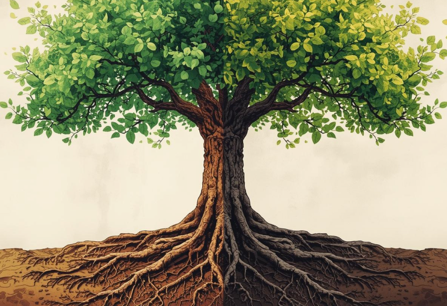 Illustration of a tree in full leaf with its roots visible underground, symbolising self-worth as the roots and self-esteem as the growing branches.