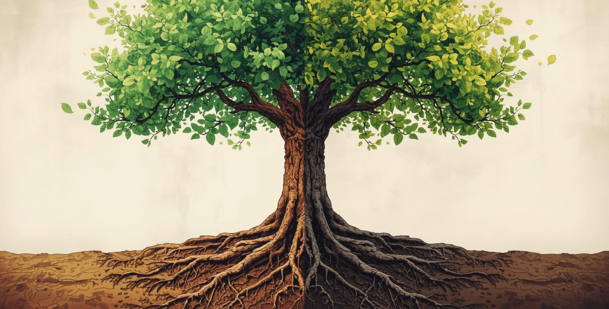Illustration of a tree in full leaf with its roots visible underground, symbolising self-worth as the roots and self-esteem as the growing branches.