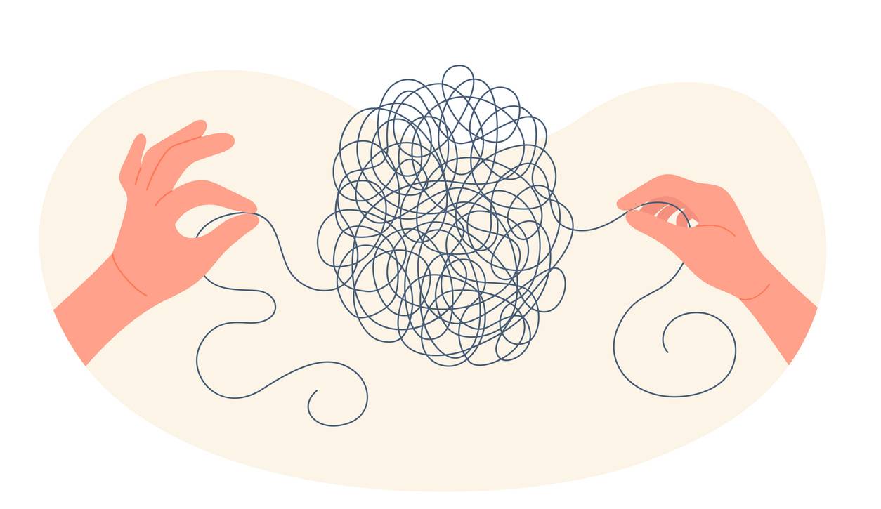 A close-up illustration of hands gently pulling apart a tangled bundle of string, symbolising how therapy helps untangle the emotional impact of trauma.