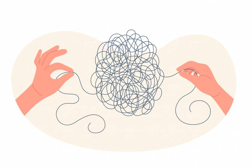 A close-up illustration of hands gently pulling apart a tangled bundle of string, symbolising how therapy helps untangle the emotional impact of trauma.