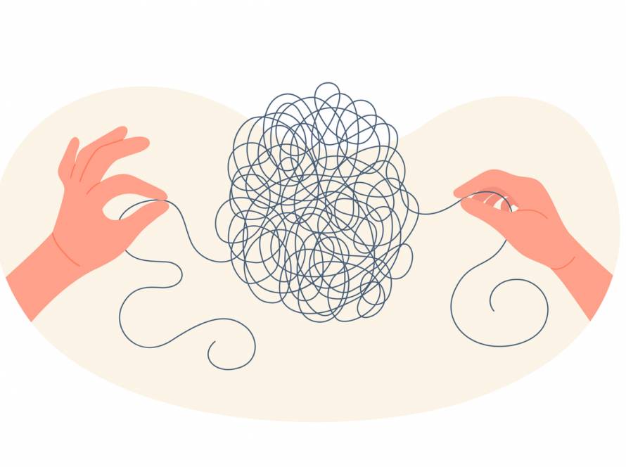 A close-up illustration of hands gently pulling apart a tangled bundle of string, symbolising how therapy helps untangle the emotional impact of trauma.
