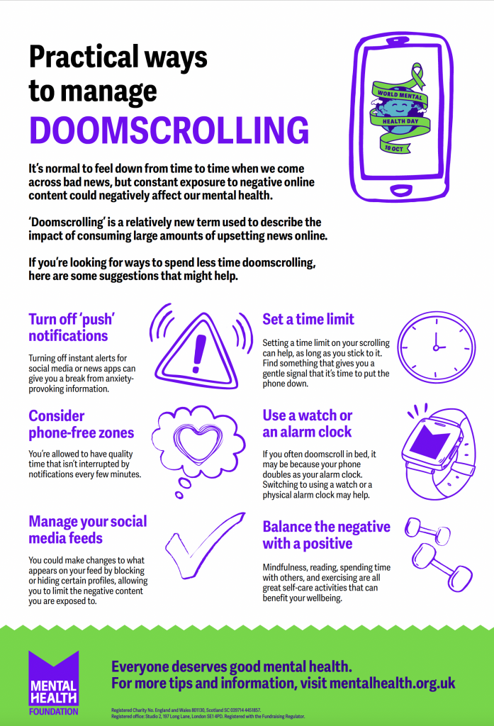Cover of a Mental Health Foundation one-page guide titled “Practical ways to manage DOOMSCROLLING” with bullet-point tips such as “Turn off push notifications”, “Set a time limit”, “Phone-free zones”.