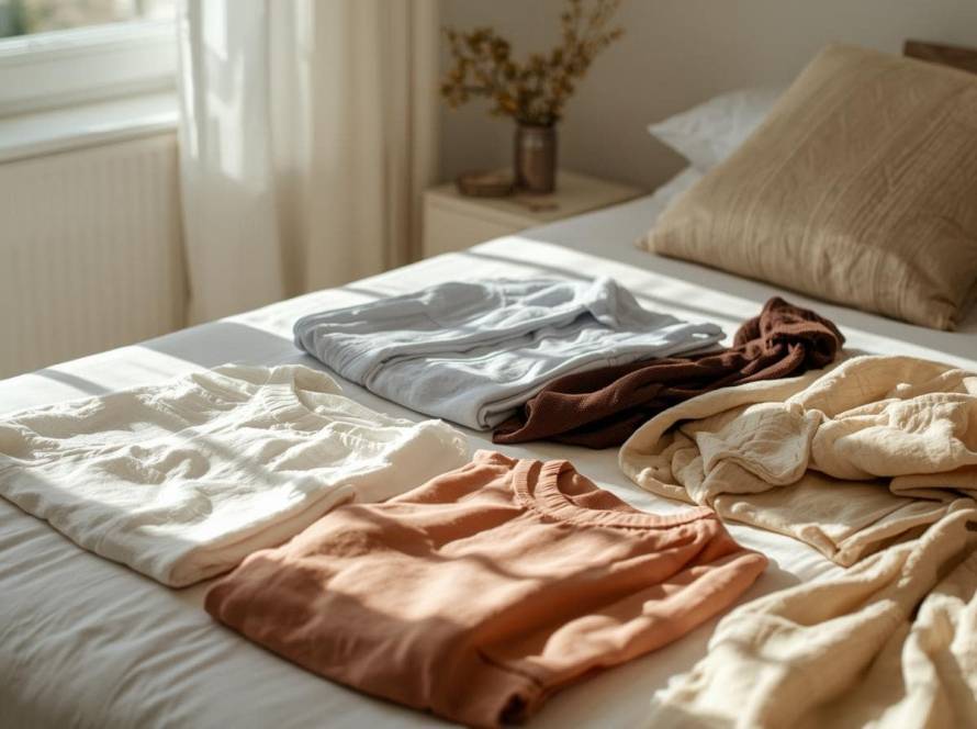 Minimalist wardrobe laid out on a bed in soothing natural colours, representing buying less for mental wellbeing.