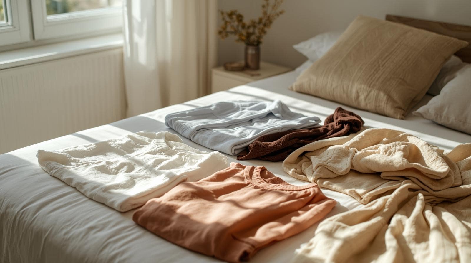 Minimalist wardrobe laid out on a bed in soothing natural colours, representing buying less for mental wellbeing.
