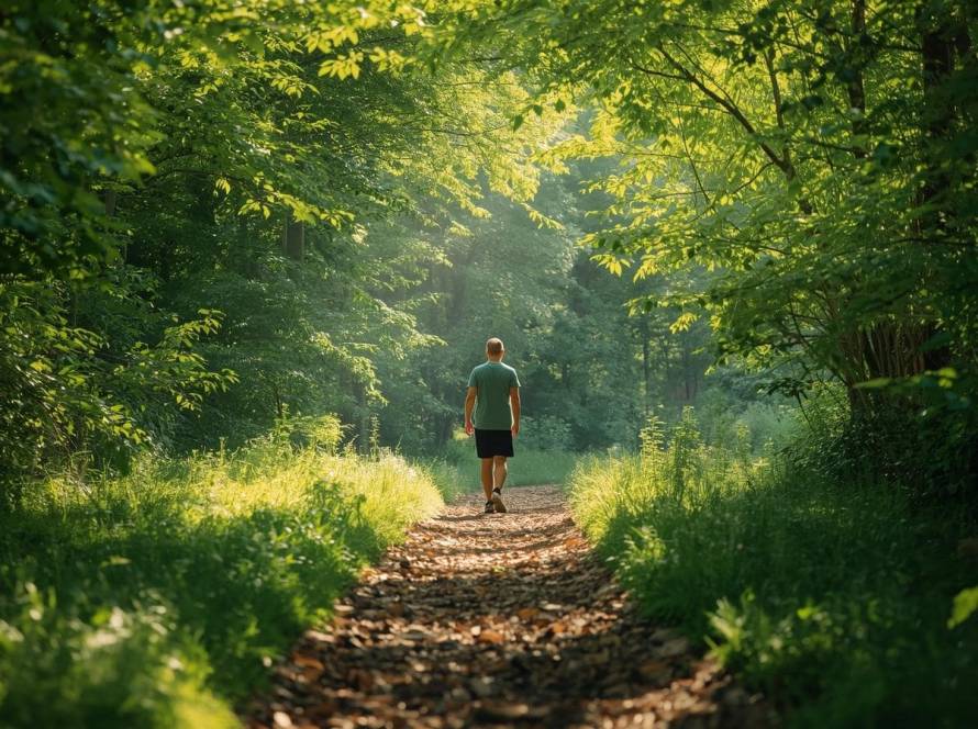 Man walking alone along a woodland path, symbolising reflection and replenishment for wellbeing.