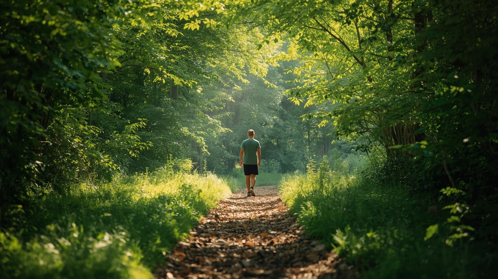 Man walking alone along a woodland path, symbolising reflection and replenishment for wellbeing.