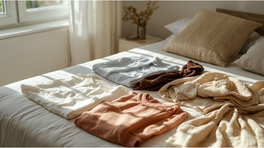 Minimalist wardrobe laid out on a bed in soothing natural colours, representing buying less for mental wellbeing.