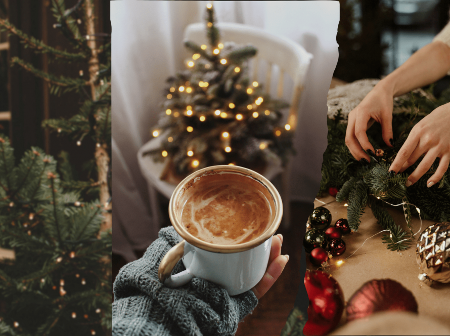 A faceless woman making a Christmas wreath, a warm drink held in cosy hands, and a real Christmas tree, symbolising simple festive moments and easing perfectionism.