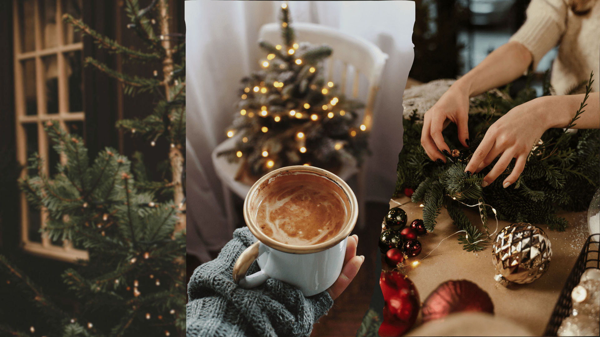 A faceless woman making a Christmas wreath, a warm drink held in cosy hands, and a real Christmas tree, symbolising simple festive moments and easing perfectionism.