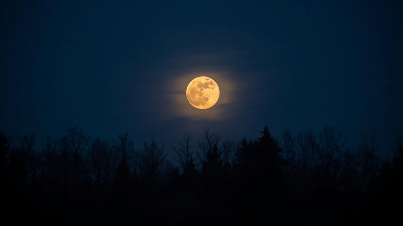 A softly glowing full moon in a dark blue winter sky, symbolising the Long Night Moon and the darker days of winter.