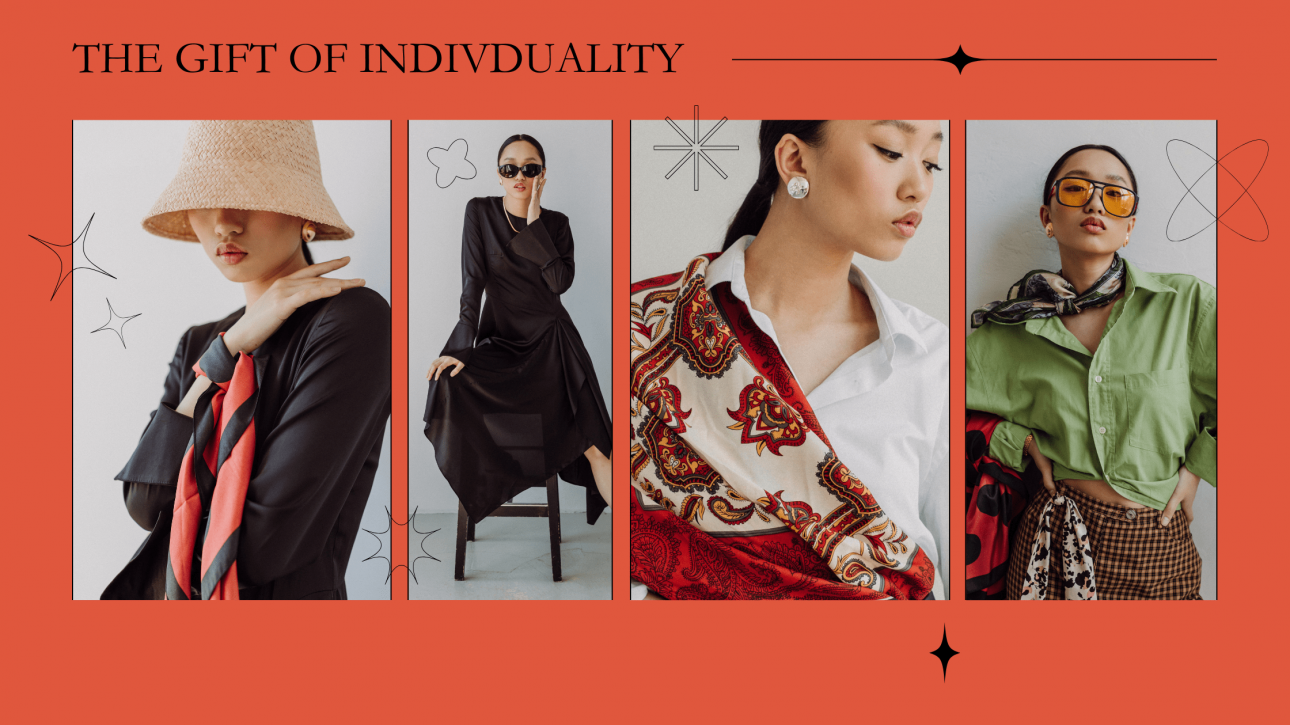 Asian woman showcasing four different outfits, representing individuality, fashion psychology, and self-expression for wellbeing.