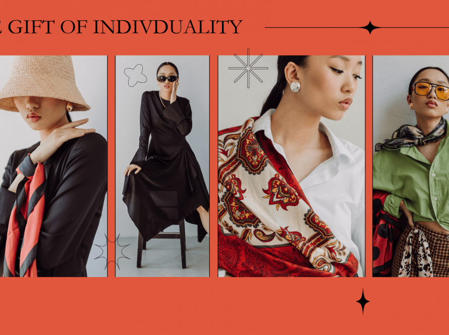 Asian woman showcasing four different outfits, representing individuality, fashion psychology, and self-expression for wellbeing.