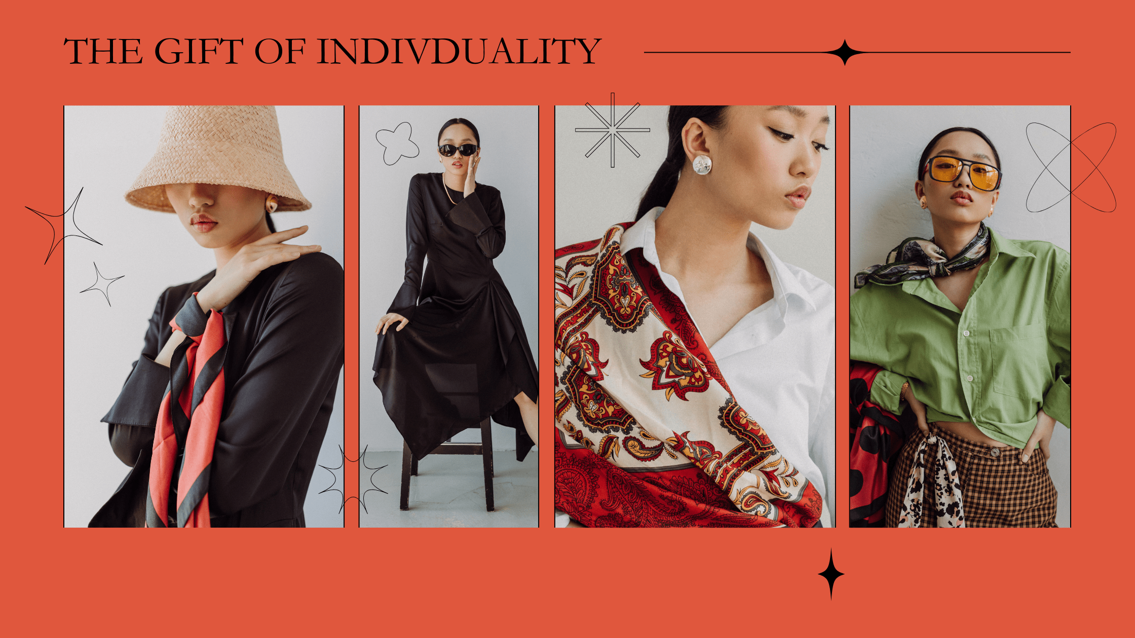 Asian woman showcasing four different outfits, representing individuality, fashion psychology, and self-expression for wellbeing.