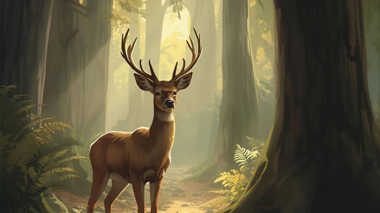 Deer pausing alert in forest representing freeze trauma response