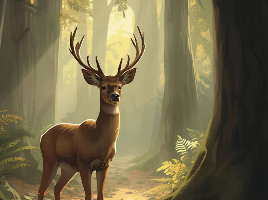 Deer pausing alert in forest representing freeze trauma response