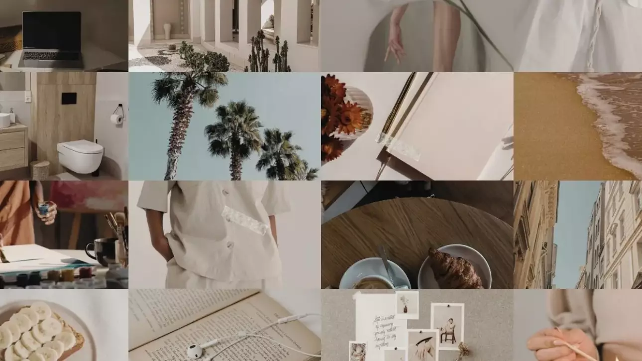 A calm New Year mood board with soft, neutral images representing reflection and self-care during New Year comparison