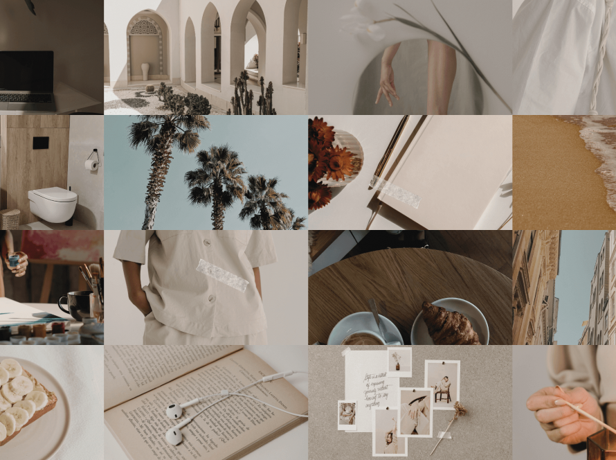 A calm New Year mood board with soft, neutral images representing reflection and self-care during New Year comparison
