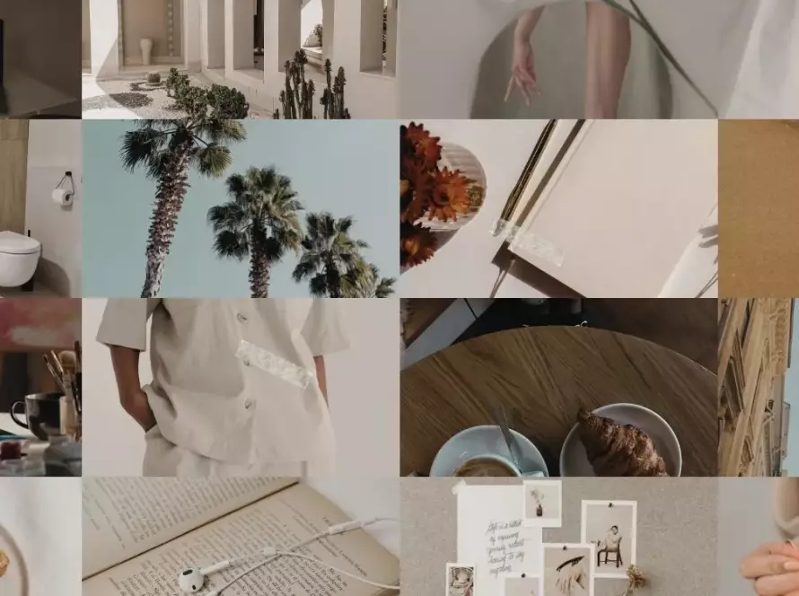 A calm New Year mood board with soft, neutral images representing reflection and self-care during New Year comparison