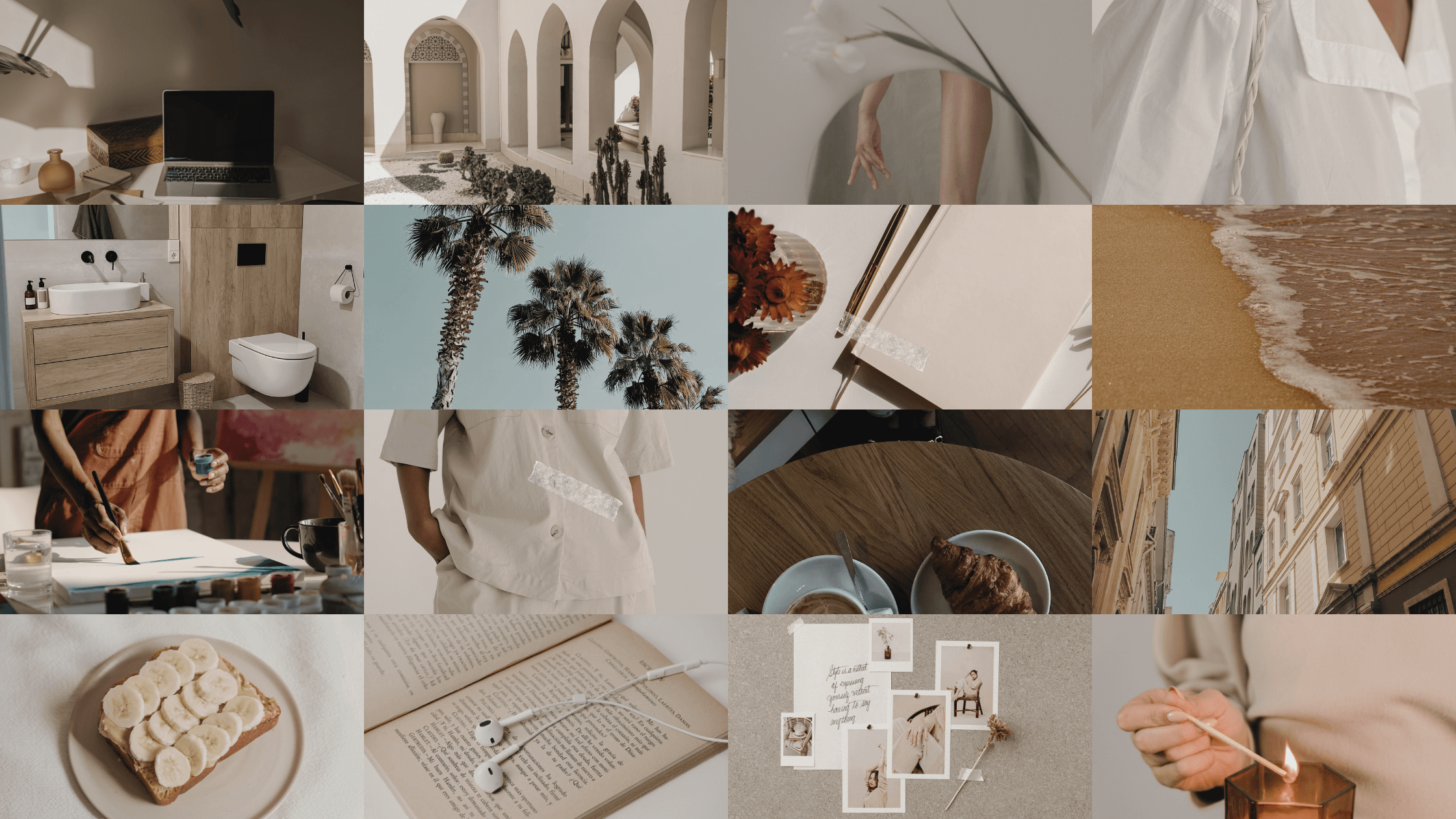 A calm New Year mood board with soft, neutral images representing reflection and self-care during New Year comparison