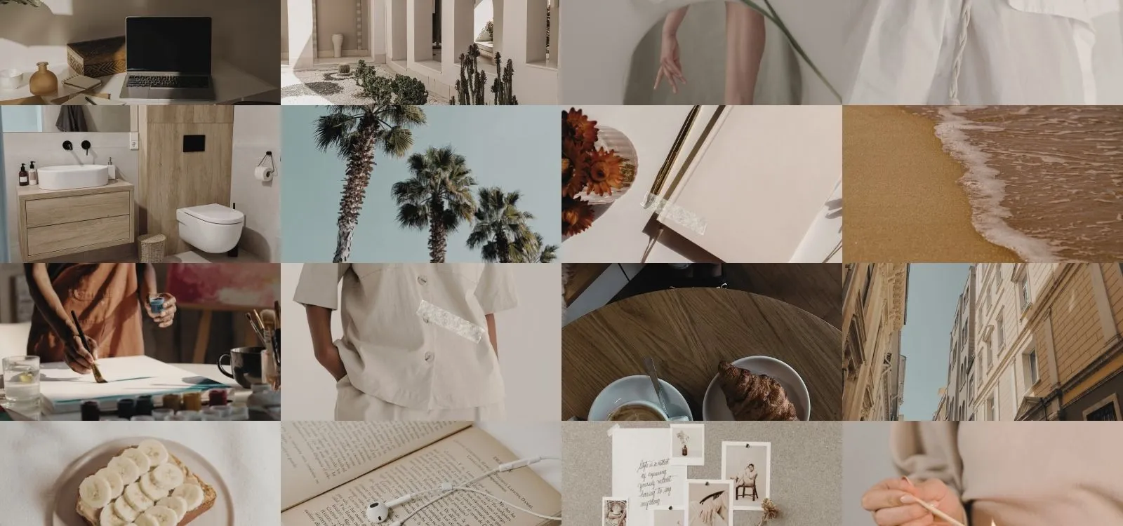 A calm New Year mood board with soft, neutral images representing reflection and self-care during New Year comparison