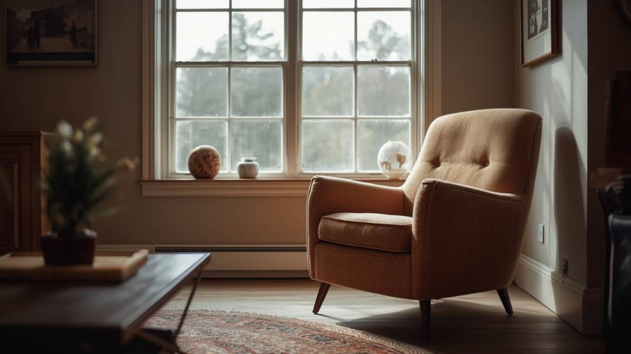 Empty mid-century chair by a window with soft natural light, creating a calm and reflective space