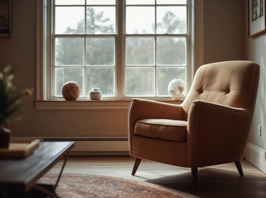 Empty mid-century chair by a window with soft natural light, creating a calm and reflective space