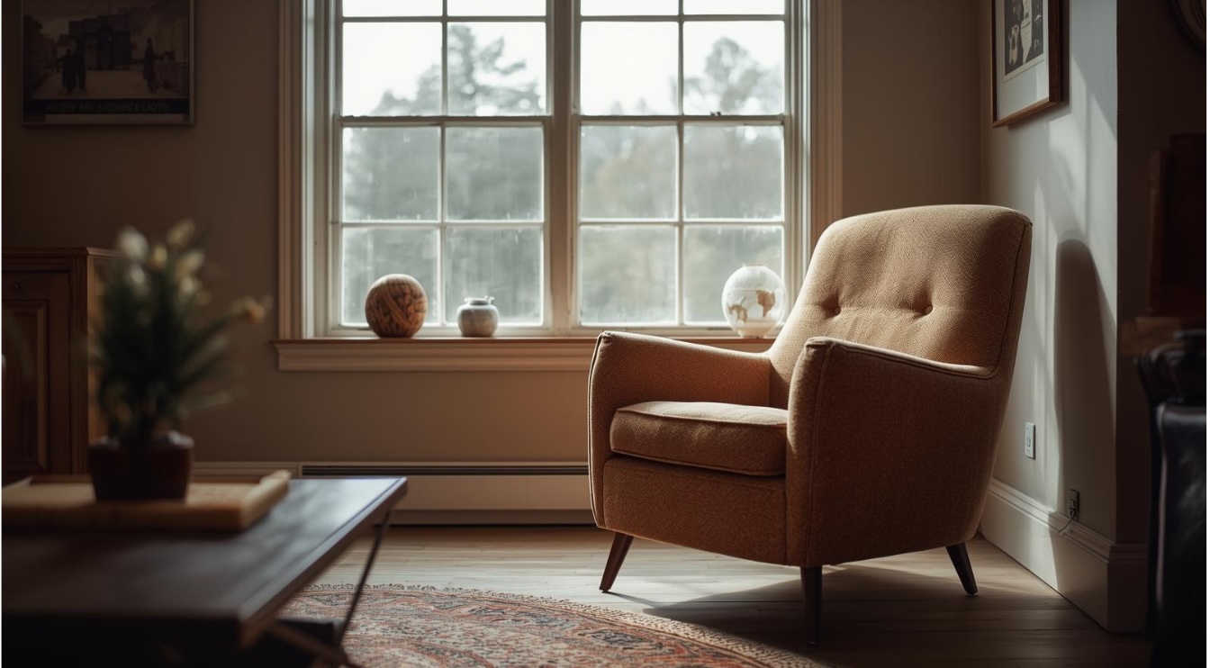 Empty mid-century chair by a window with soft natural light, creating a calm and reflective space