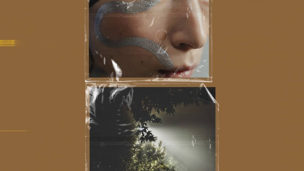 Split collage design showing woman's face above nature scene with text, representing how internal dialogue shapes external reality