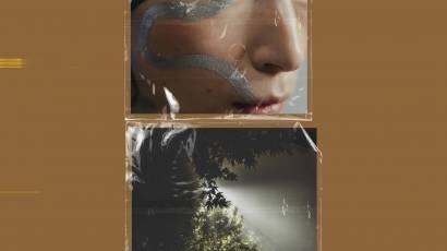 Split collage design showing woman's face above nature scene with text, representing how internal dialogue shapes external reality