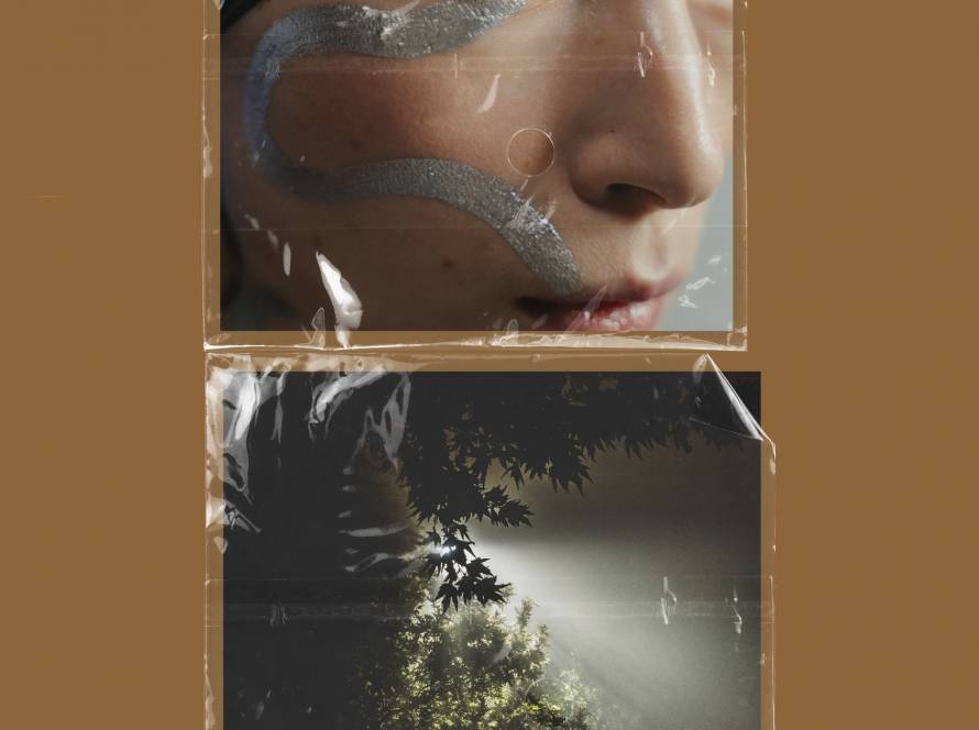 Split collage design showing woman's face above nature scene with text, representing how internal dialogue shapes external reality