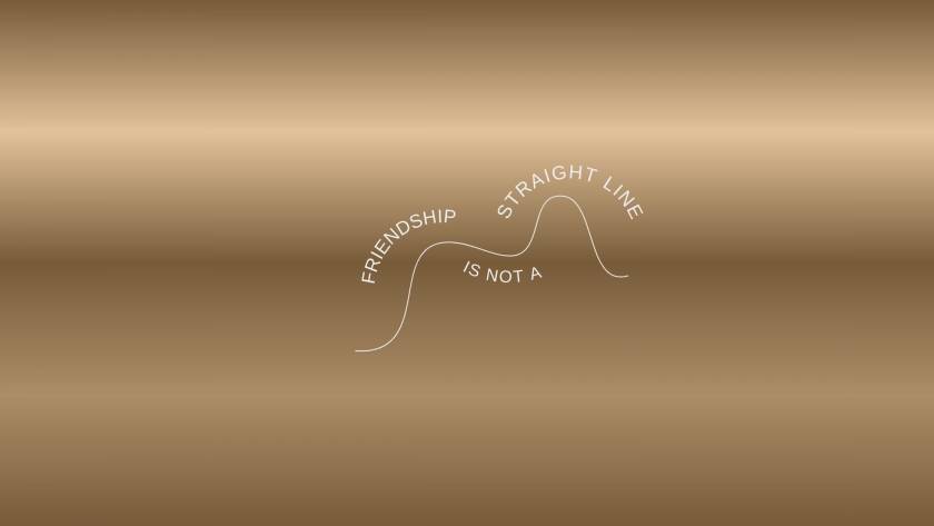 Minimalist design in brown tones with wavy line and text 'Friendship is not a straight line' representing the non-linear journey of self-friendship
