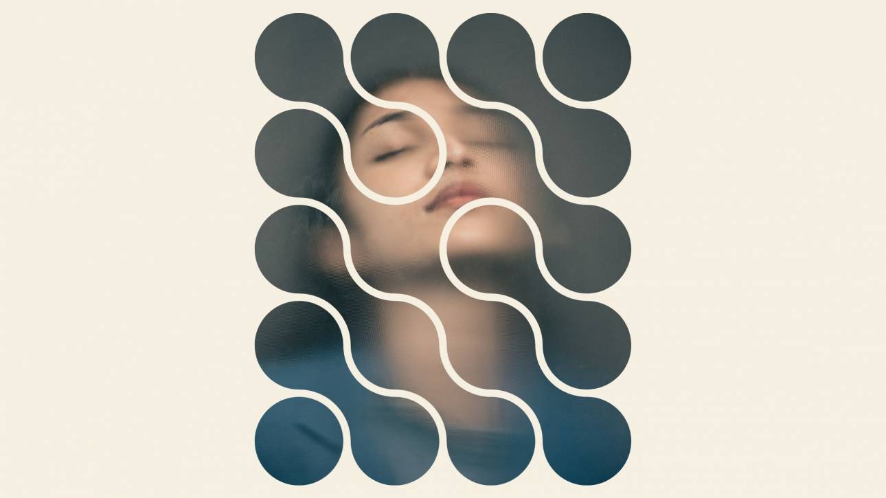 Fragmented female face seen through teal geometric circles on a cream background, illustrating the fractured identity of shapeshifting behaviour