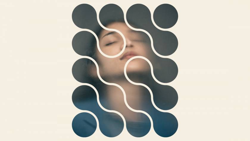Fragmented female face seen through teal geometric circles on a cream background, illustrating the fractured identity of shapeshifting behaviour