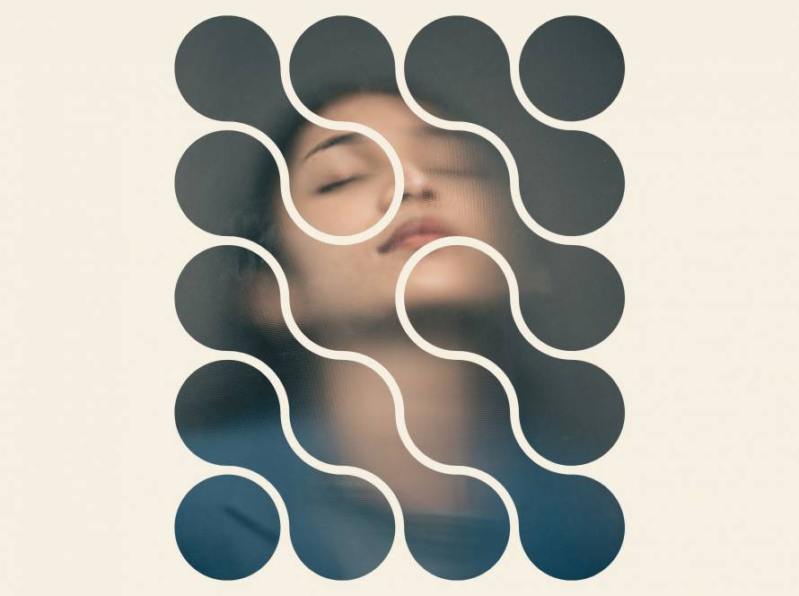 Fragmented female face seen through teal geometric circles on a cream background, illustrating the fractured identity of shapeshifting behaviour