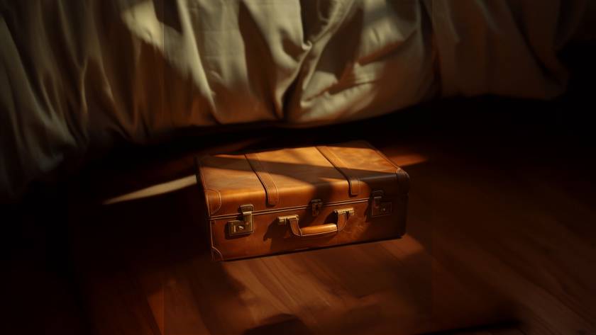 A vintage leather suitcase resting at the foot of an unmade bed on a wooden floor, in warm diagonal light, illustrating the threshold moment of leaving for travel.