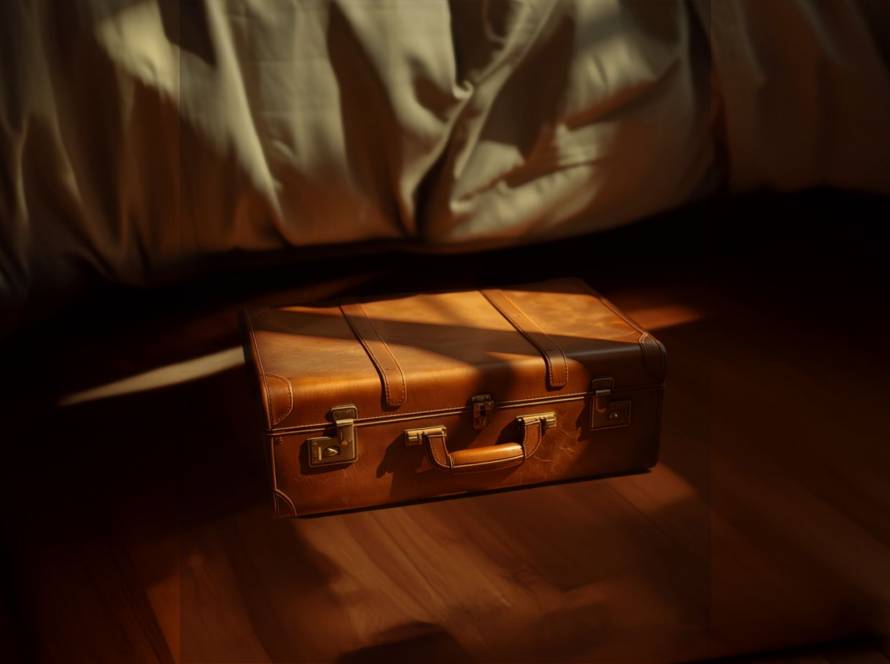 A vintage leather suitcase resting at the foot of an unmade bed on a wooden floor, in warm diagonal light, illustrating the threshold moment of leaving for travel.