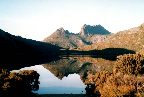 mountain and lake landscape at Cradle Mountain, Tasmania, evoking a sense of awe and stillness