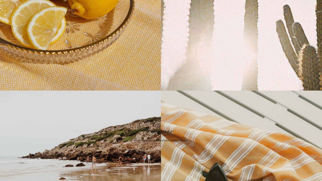Warm summer collage of lemons, coastal shoreline and striped textiles reflecting the pressures of fear of food in summer