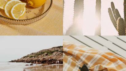 Warm summer collage of lemons, coastal shoreline and striped textiles reflecting the pressures of fear of food in summer