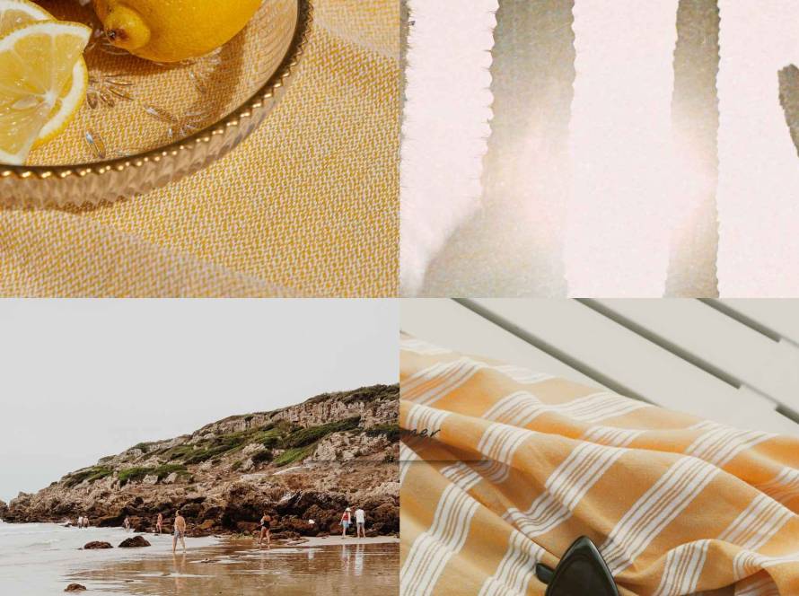 Warm summer collage of lemons, coastal shoreline and striped textiles reflecting the pressures of fear of food in summer