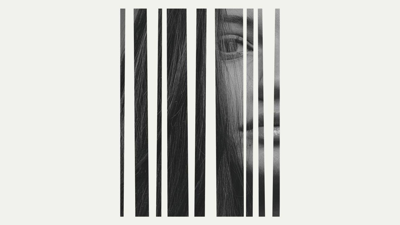 Fragmented black and white portrait, a woman's face and hair broken into vertical strips, evoking the disorientation of gaslighting