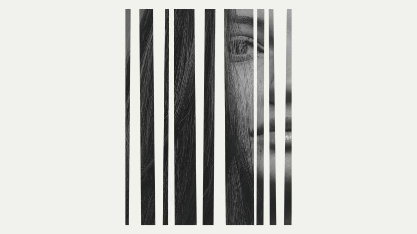 Fragmented black and white portrait, a woman's face and hair broken into vertical strips, evoking the disorientation of gaslighting