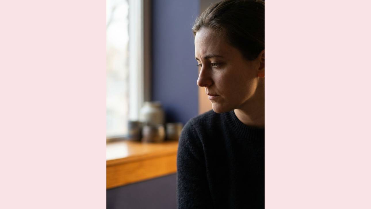 Woman looking away in soft, moody light near a window, reflecting on the inner critic's voice around eating patterns